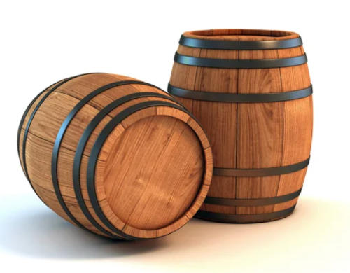 Two wooden barrels with metal bands on a white background