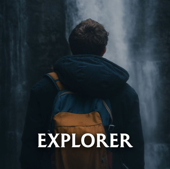 Person with a backpack facing a waterfall with 'EXPLORER' text overlay